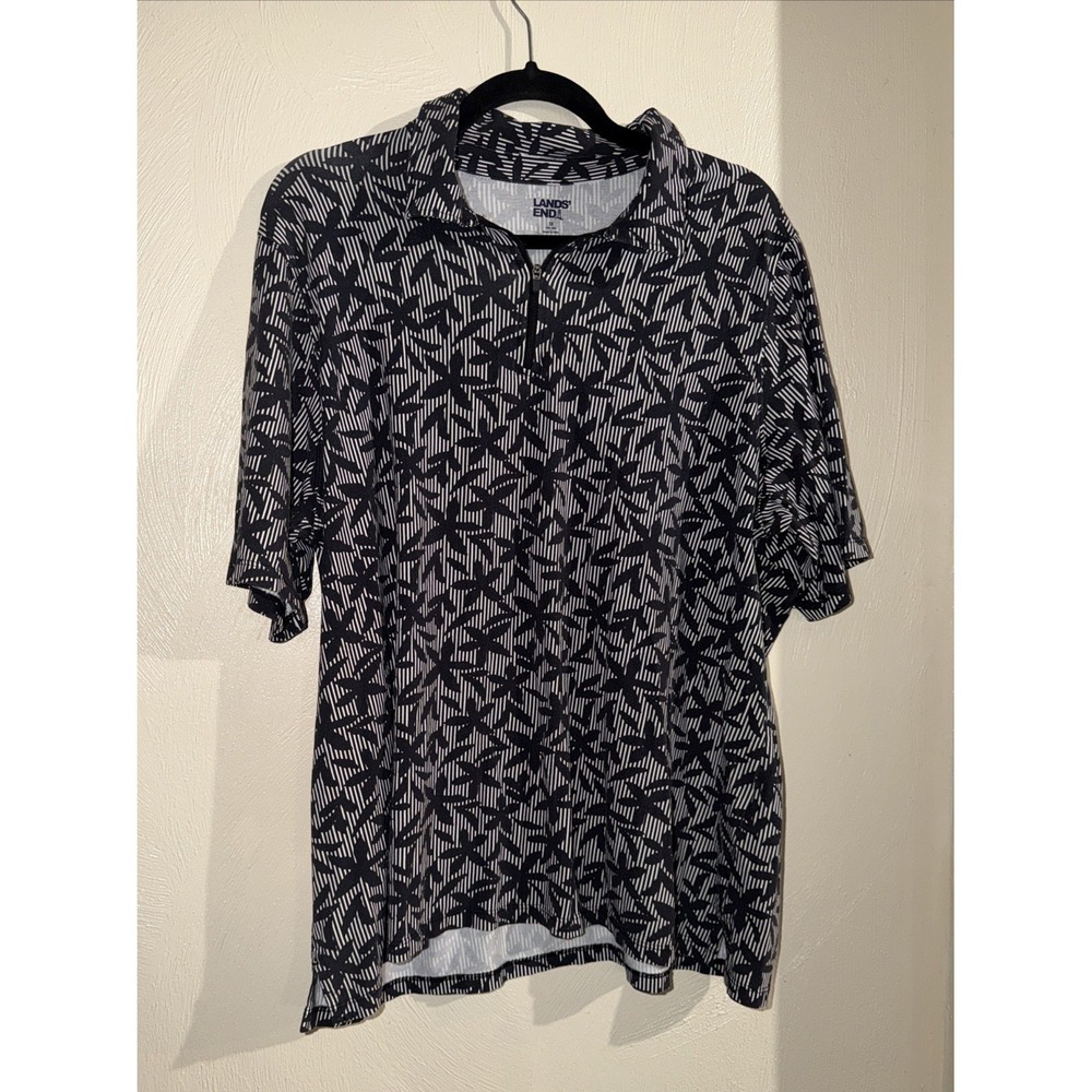 Lands' End Black White Floral Cotton Modal Short Sleeve 1/4 Zip Polo Women's 1X